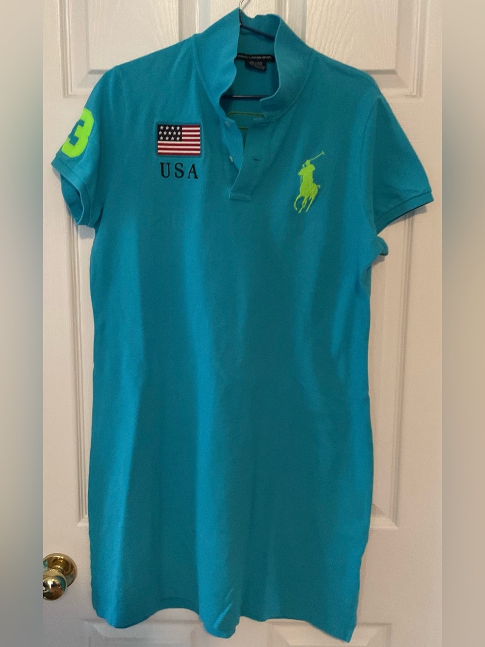 Ralph Lauren Turquoise Big Pony Polo Dress with Neon Yellow Logo Size XL